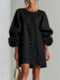 Black Floral Button-down Mini Dress With Striking Floral Cuffs