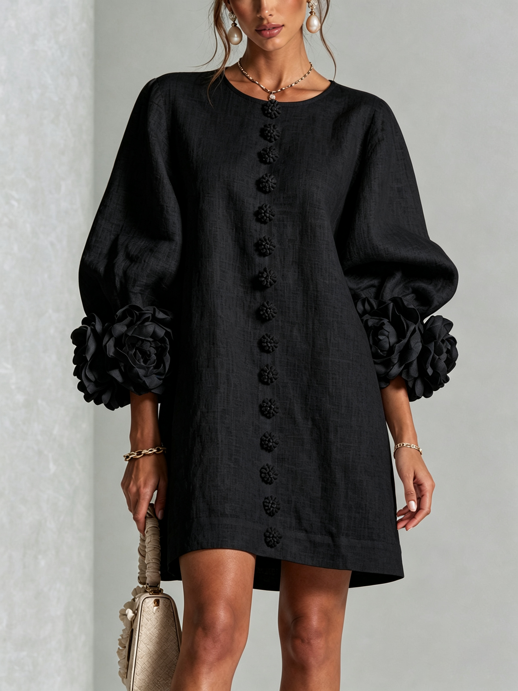 Black Floral Button-down Mini Dress With Striking Floral Cuffs
