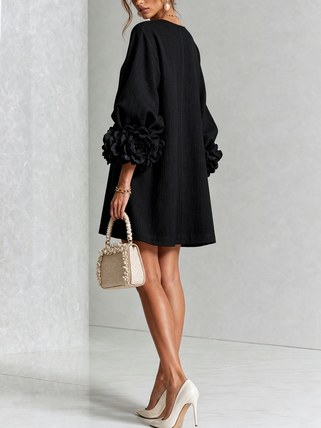 Black Floral Button-down Mini Dress With Striking Floral Cuffs