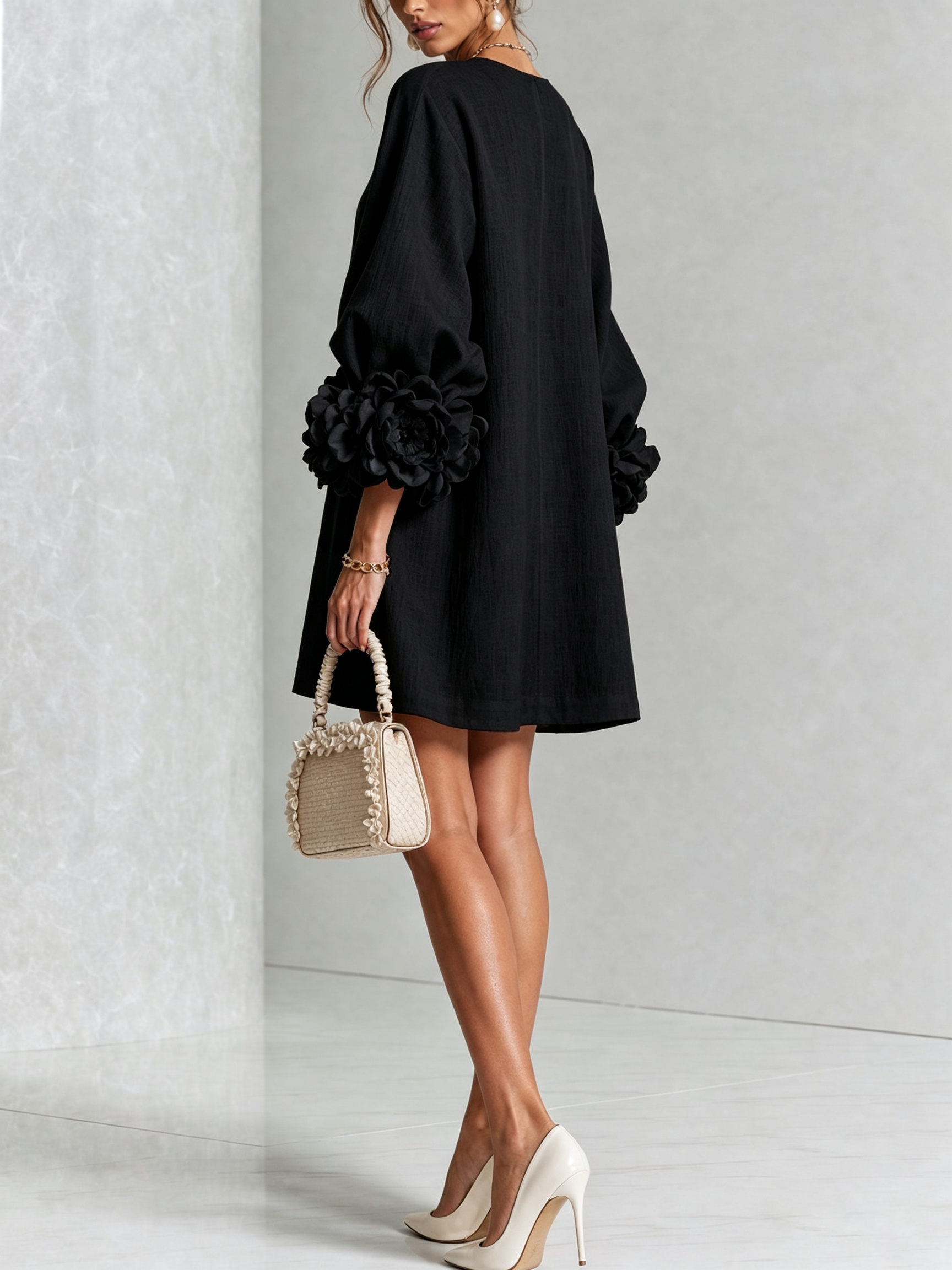 Black Floral Button-down Mini Dress With Striking Floral Cuffs
