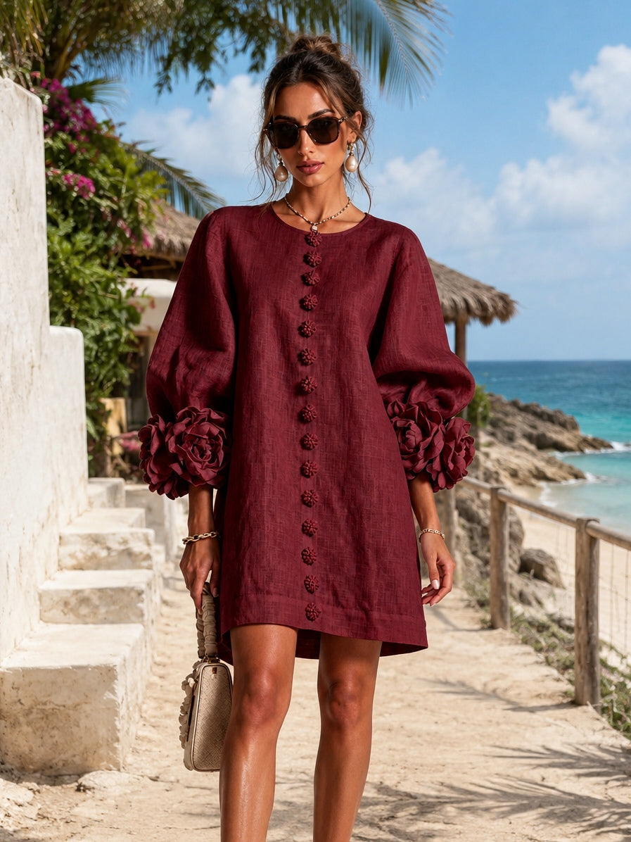 Burgundy Floral Button-down Mini Dress With Striking Floral Cuffs