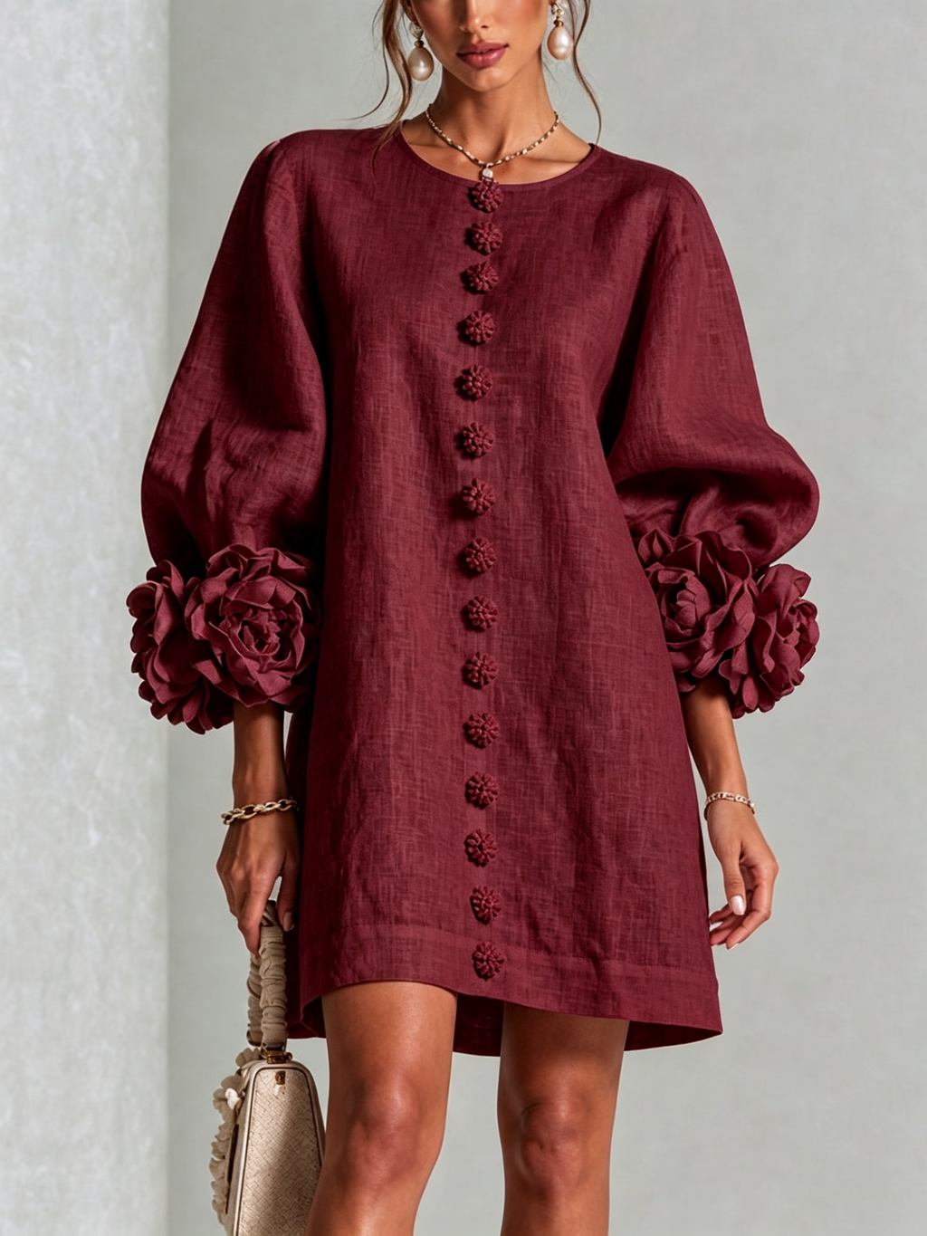 Burgundy Floral Button-down Mini Dress With Striking Floral Cuffs