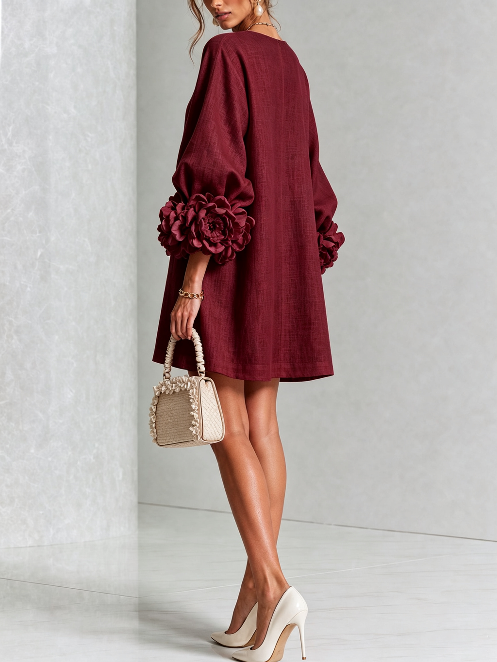Burgundy Floral Button-down Mini Dress With Striking Floral Cuffs