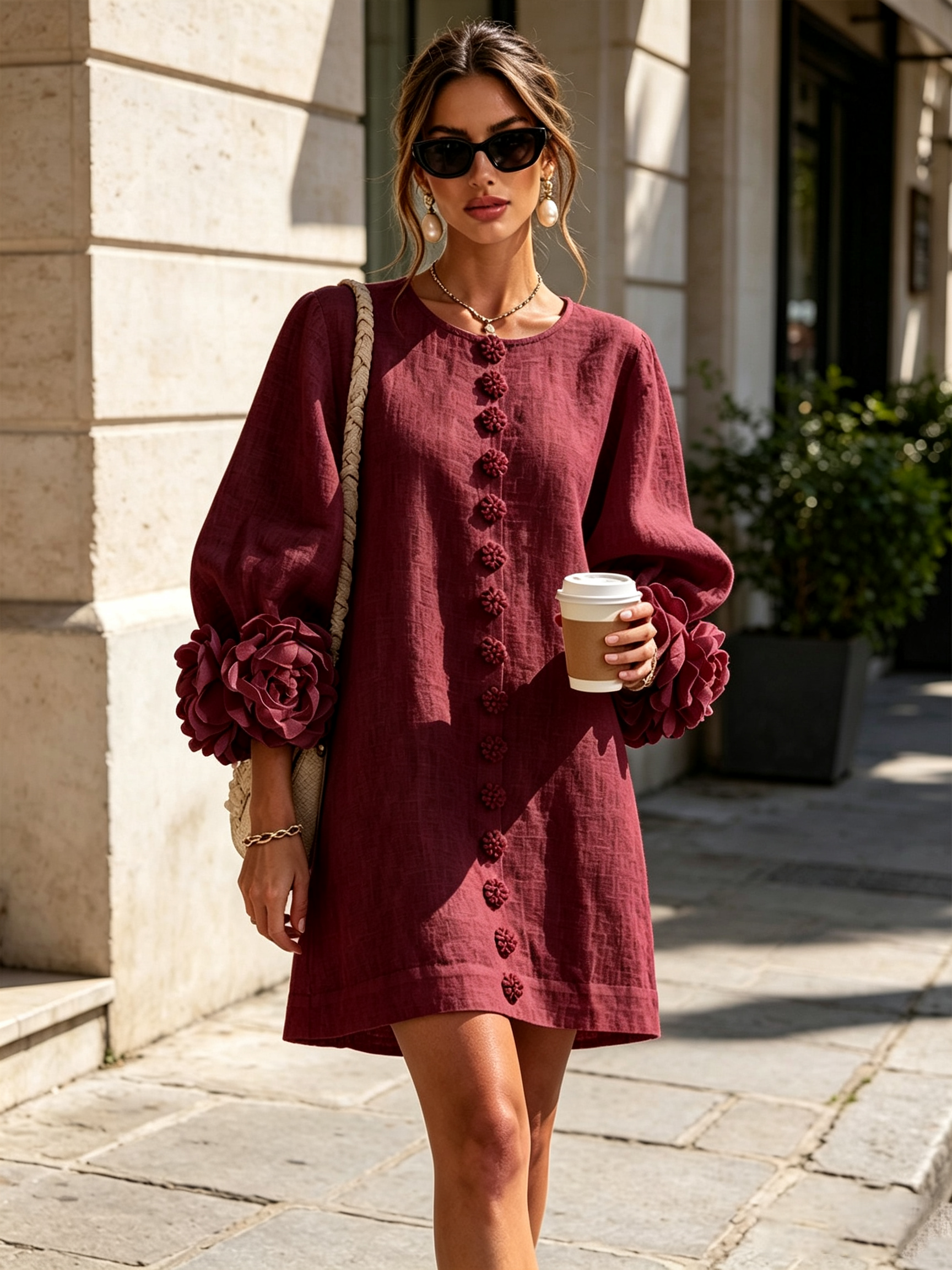 Burgundy Floral Button-down Mini Dress With Striking Floral Cuffs