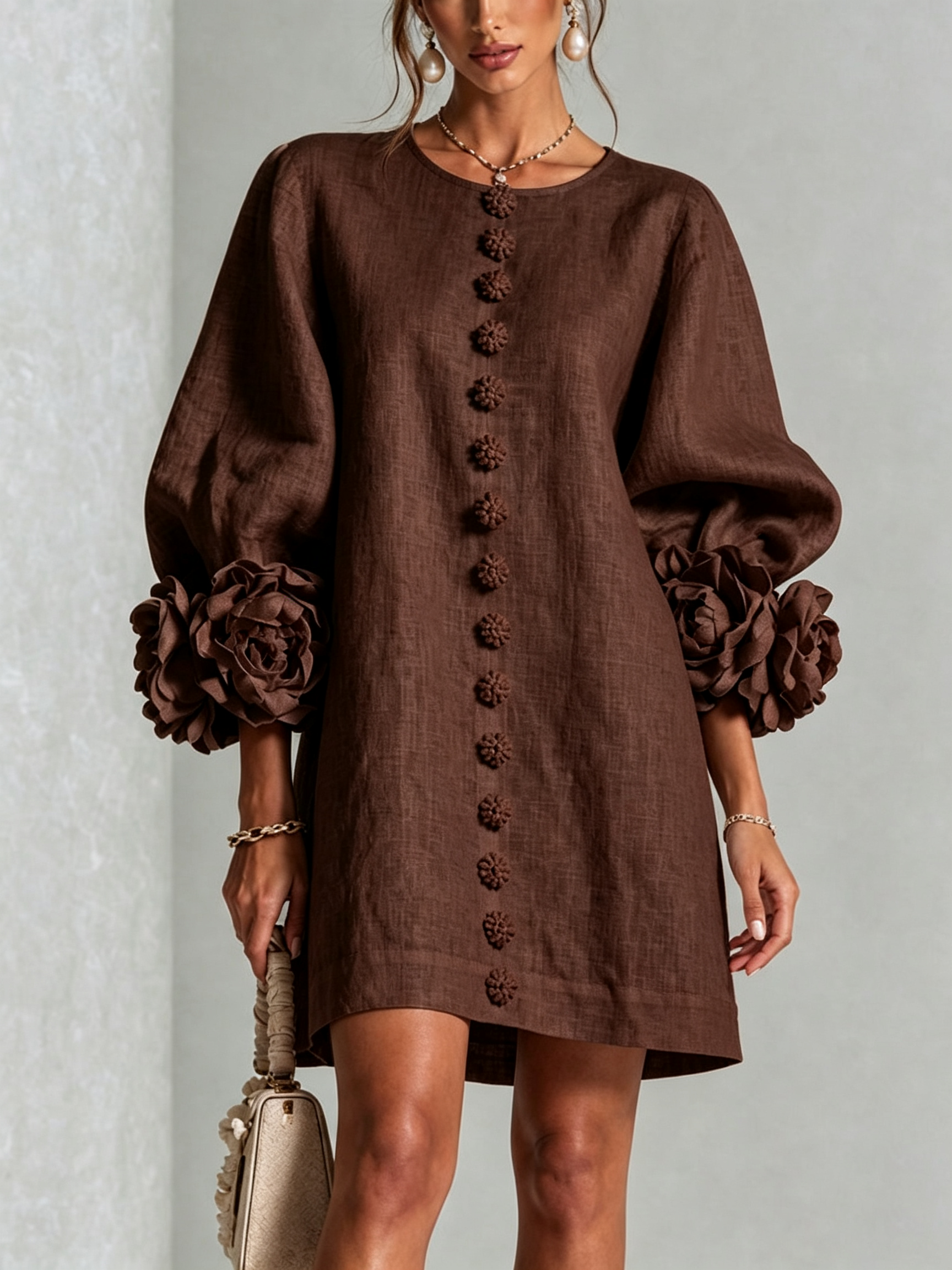 Chocolate Brown Floral Button-down Mini Dress With Striking Floral Cuffs
