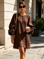 Chocolate Brown Floral Button-down Mini Dress With Striking Floral Cuffs