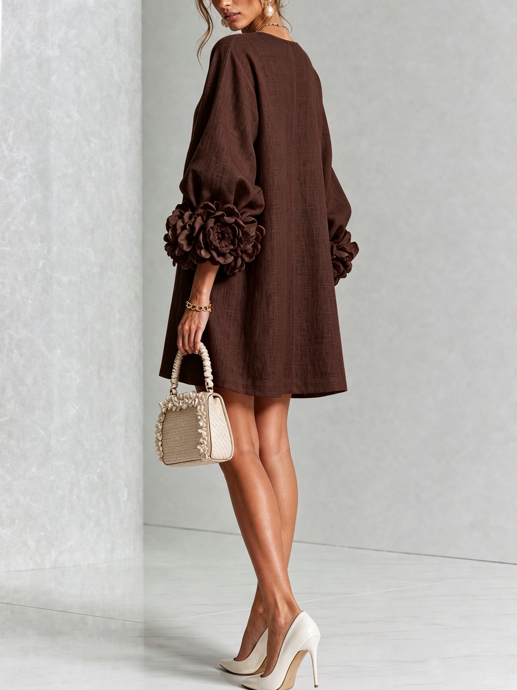 White Floral Button-down Mini Dress With Striking Floral Cuffs