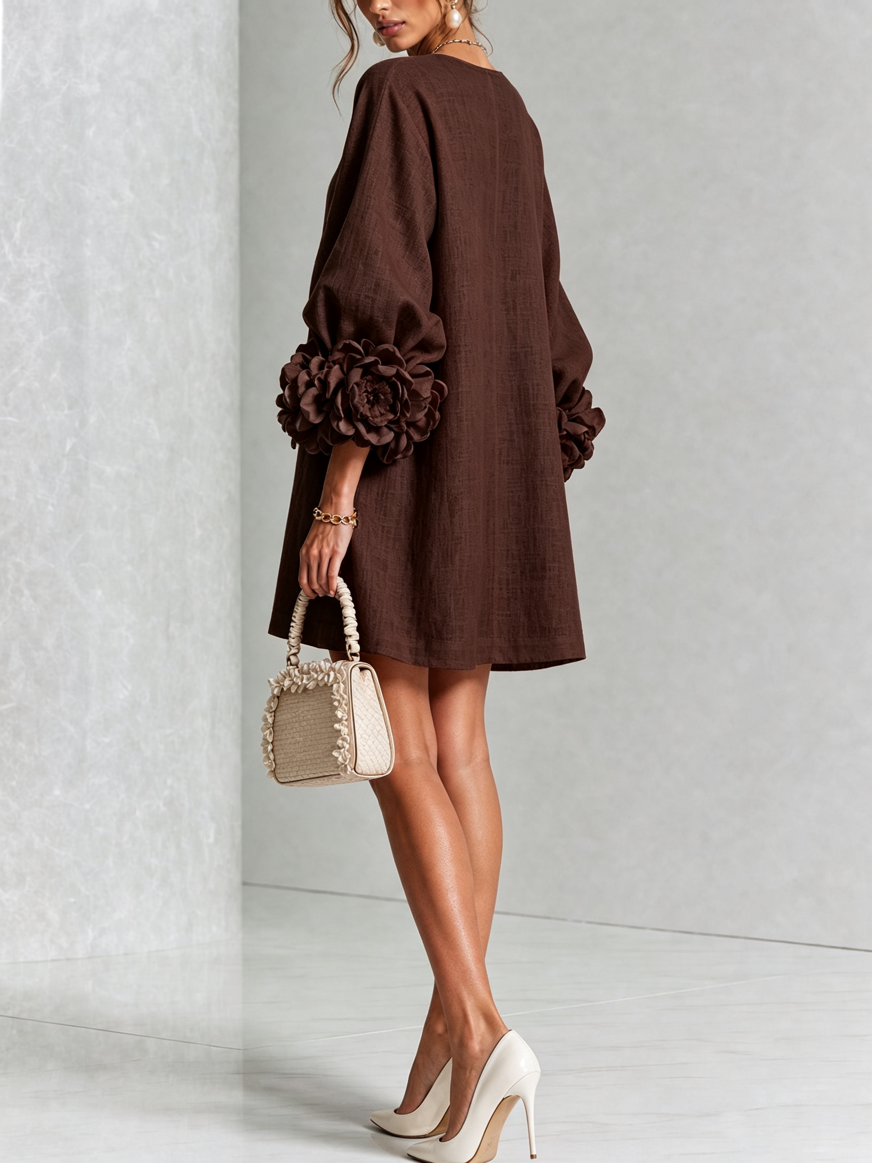 White Floral Button-down Mini Dress With Striking Floral Cuffs