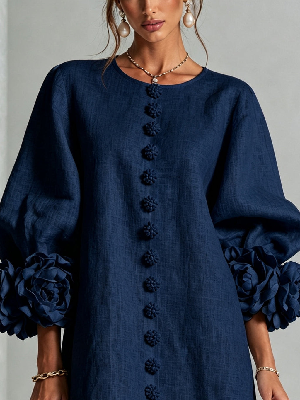 Navy Floral Button-down Mini Dress With Striking Floral Cuffs