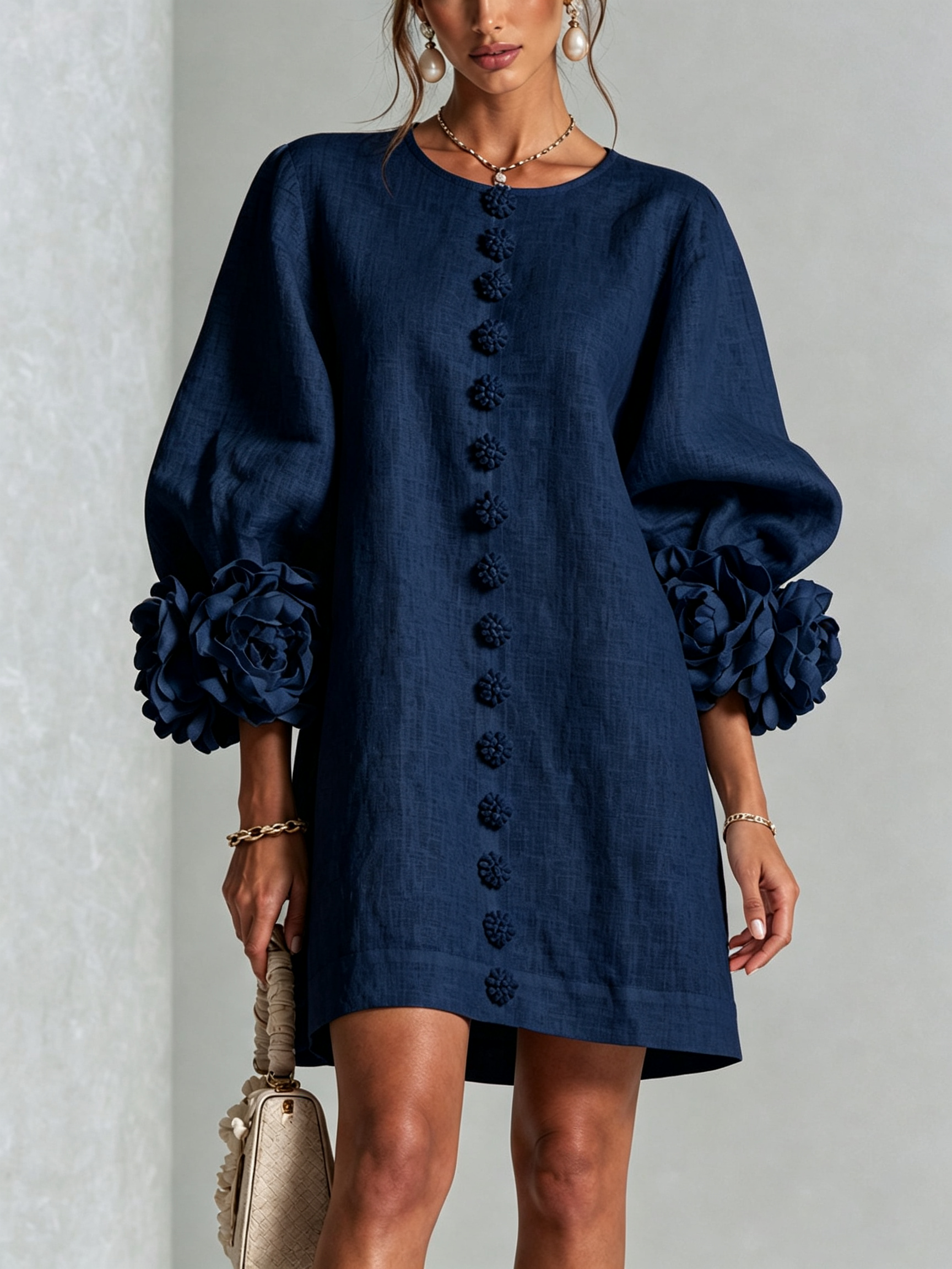 Navy Floral Button-down Mini Dress With Striking Floral Cuffs