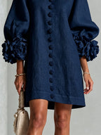Navy Floral Button-down Mini Dress With Striking Floral Cuffs