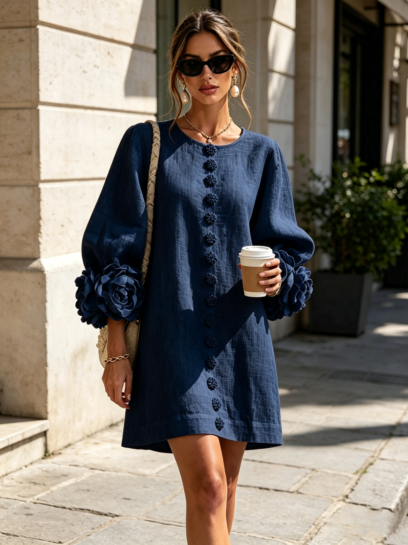 Navy Floral Button-down Mini Dress With Striking Floral Cuffs