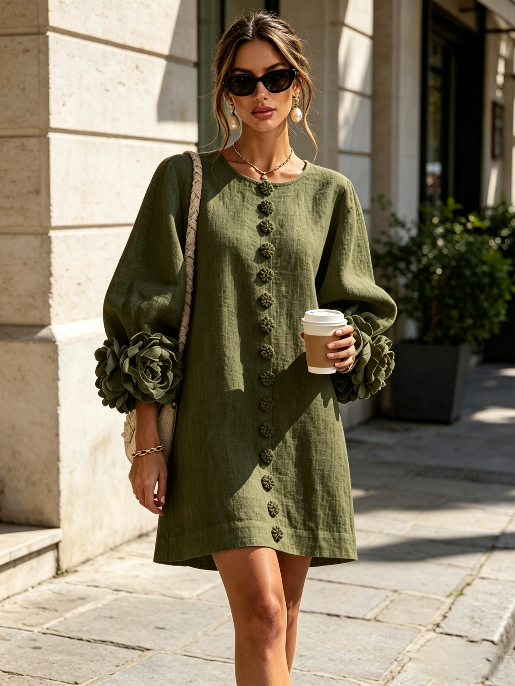Olive Floral Button-down Mini Dress With Striking Floral Cuffs