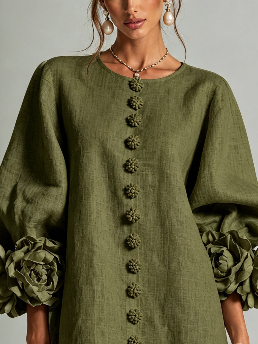 Olive Floral Button-down Mini Dress With Striking Floral Cuffs