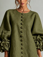 Olive Floral Button-down Mini Dress With Striking Floral Cuffs