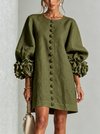 Olive Floral Button-down Mini Dress With Striking Floral Cuffs