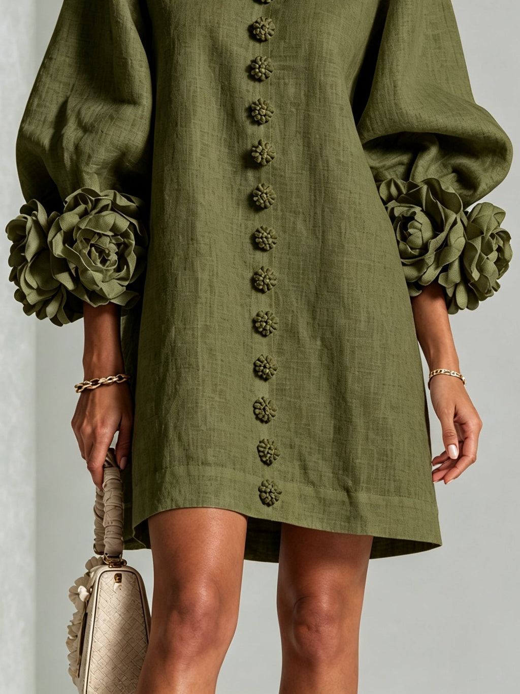 Olive Floral Button-down Mini Dress With Striking Floral Cuffs