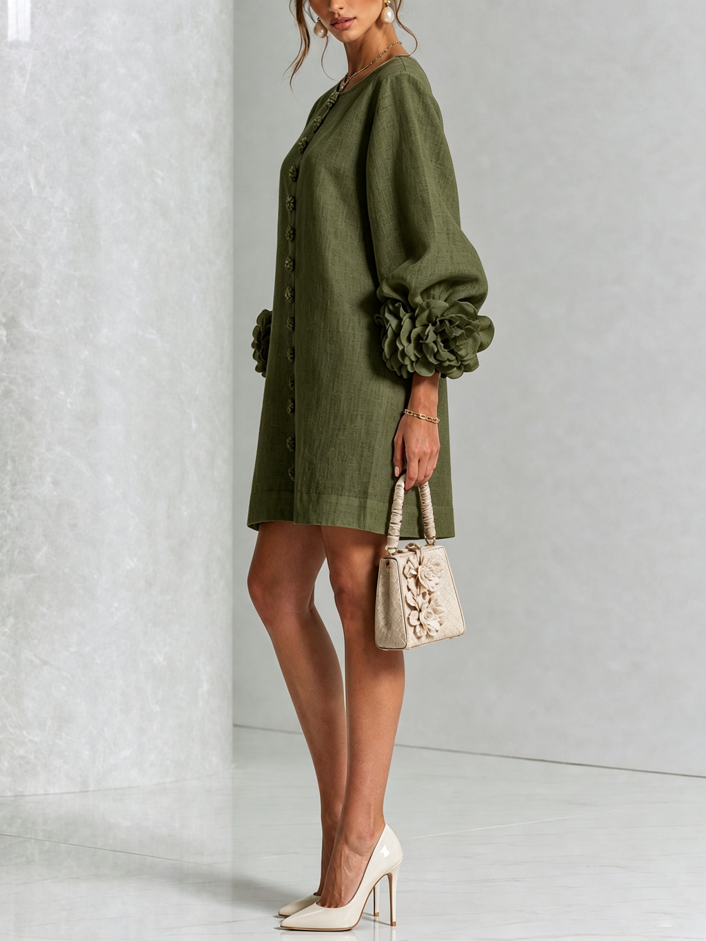 White Floral Button-down Mini Dress With Striking Floral Cuffs