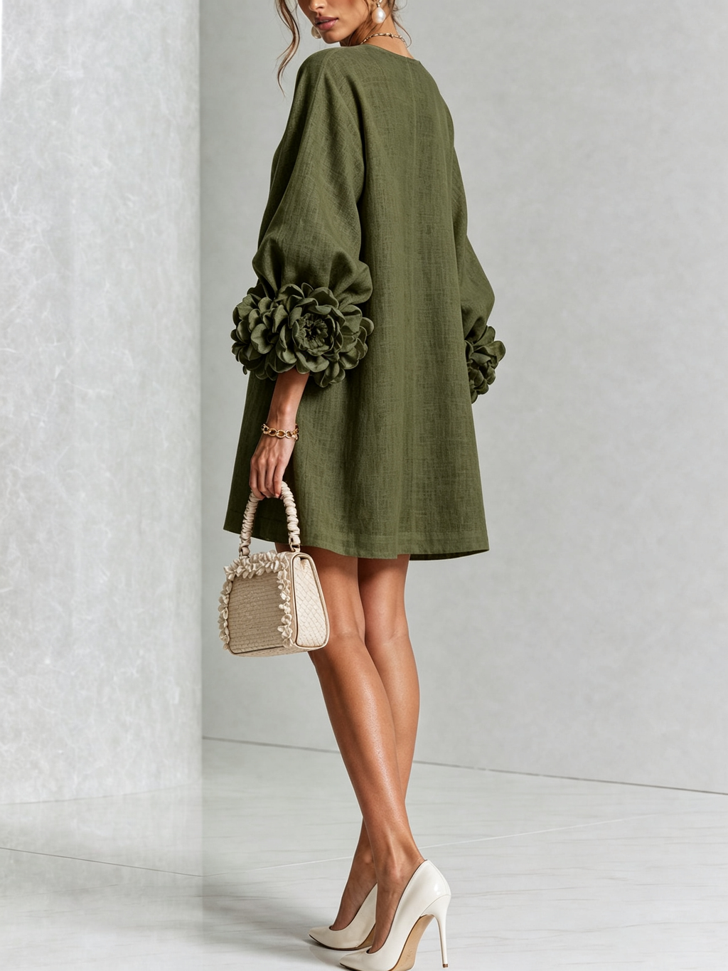 Olive Floral Button-down Mini Dress With Striking Floral Cuffs