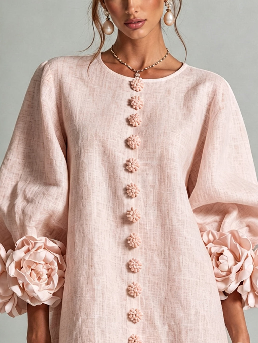 Pink Floral Button-down Mini Dress With Striking Floral Cuffs