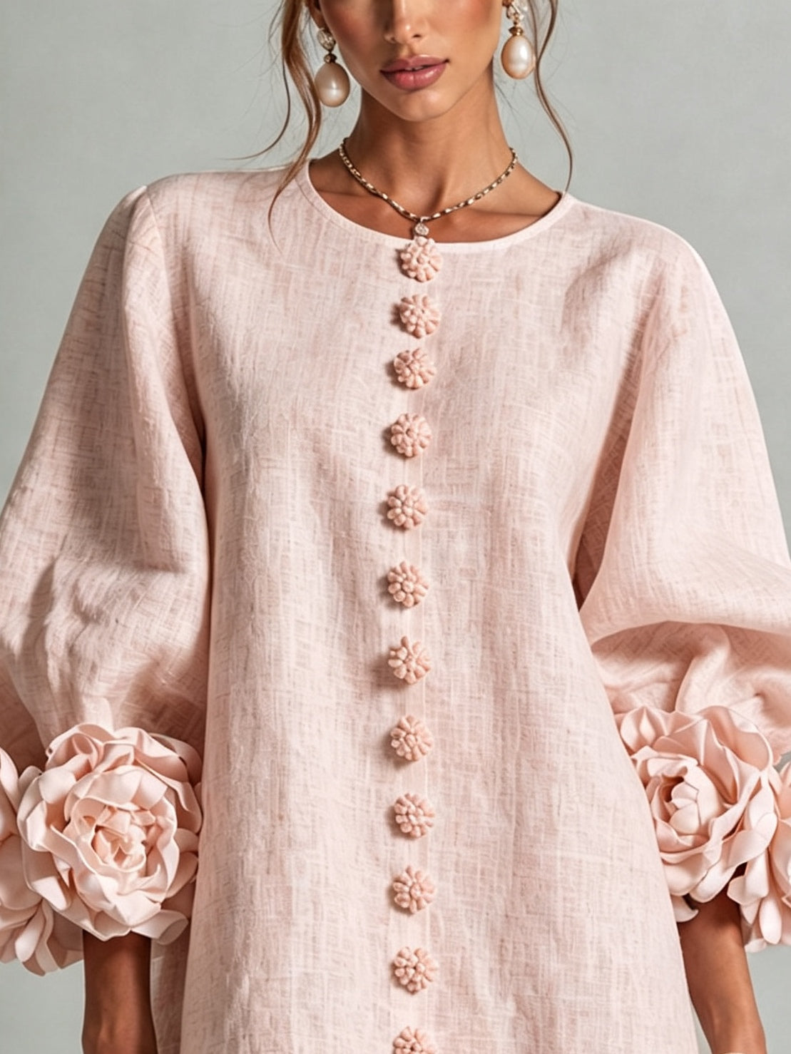 Pink Floral Button-down Mini Dress With Striking Floral Cuffs