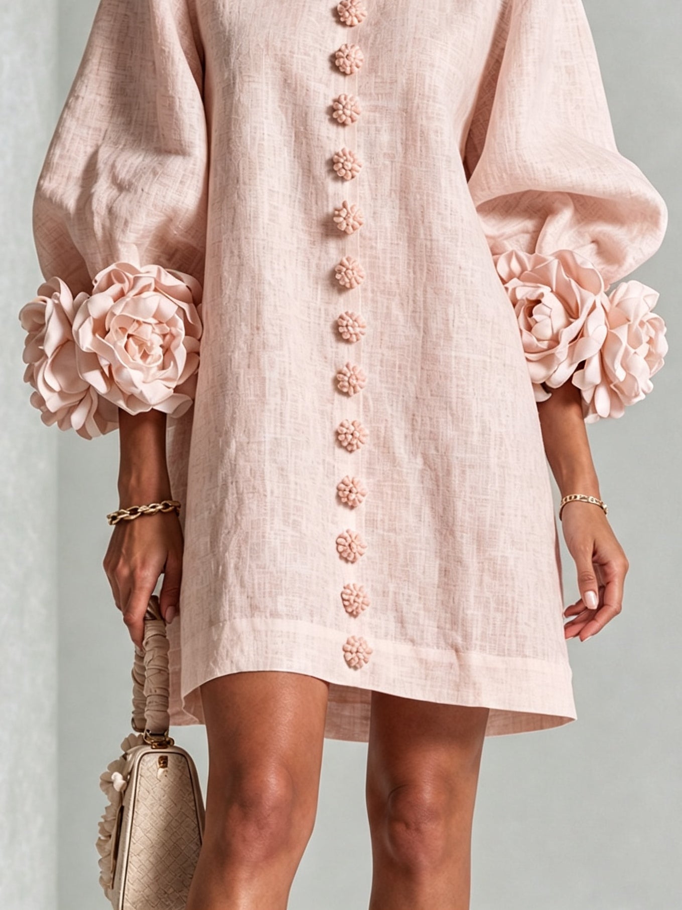Pink Floral Button-down Mini Dress With Striking Floral Cuffs