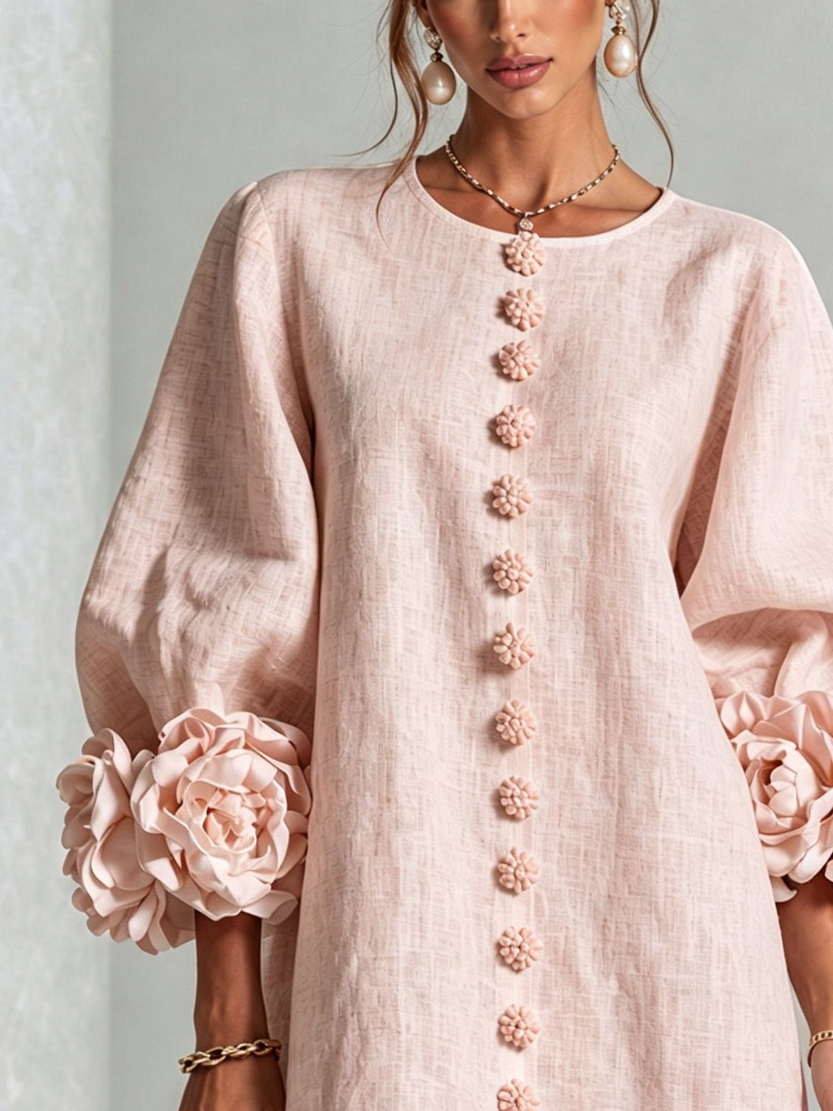 Pink Floral Button-down Mini Dress With Striking Floral Cuffs