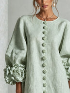 Sage Mist Floral Button-down Mini Dress With Striking Floral Cuffs