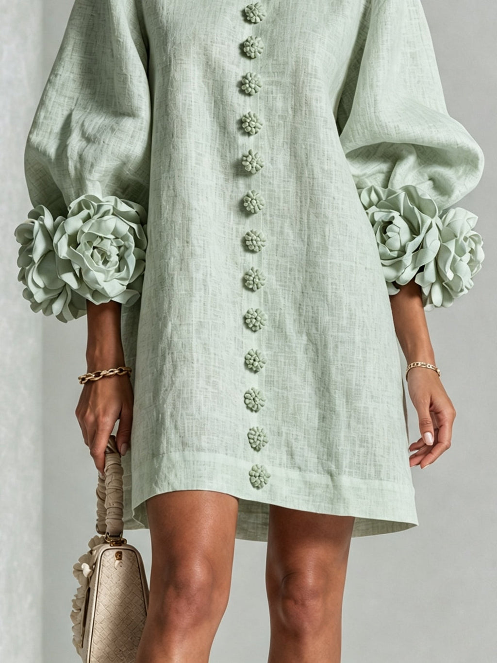 Sage Mist Floral Button-down Mini Dress With Striking Floral Cuffs