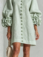 Sage Mist Floral Button-down Mini Dress With Striking Floral Cuffs
