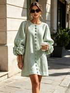 Sage Mist Floral Button-down Mini Dress With Striking Floral Cuffs