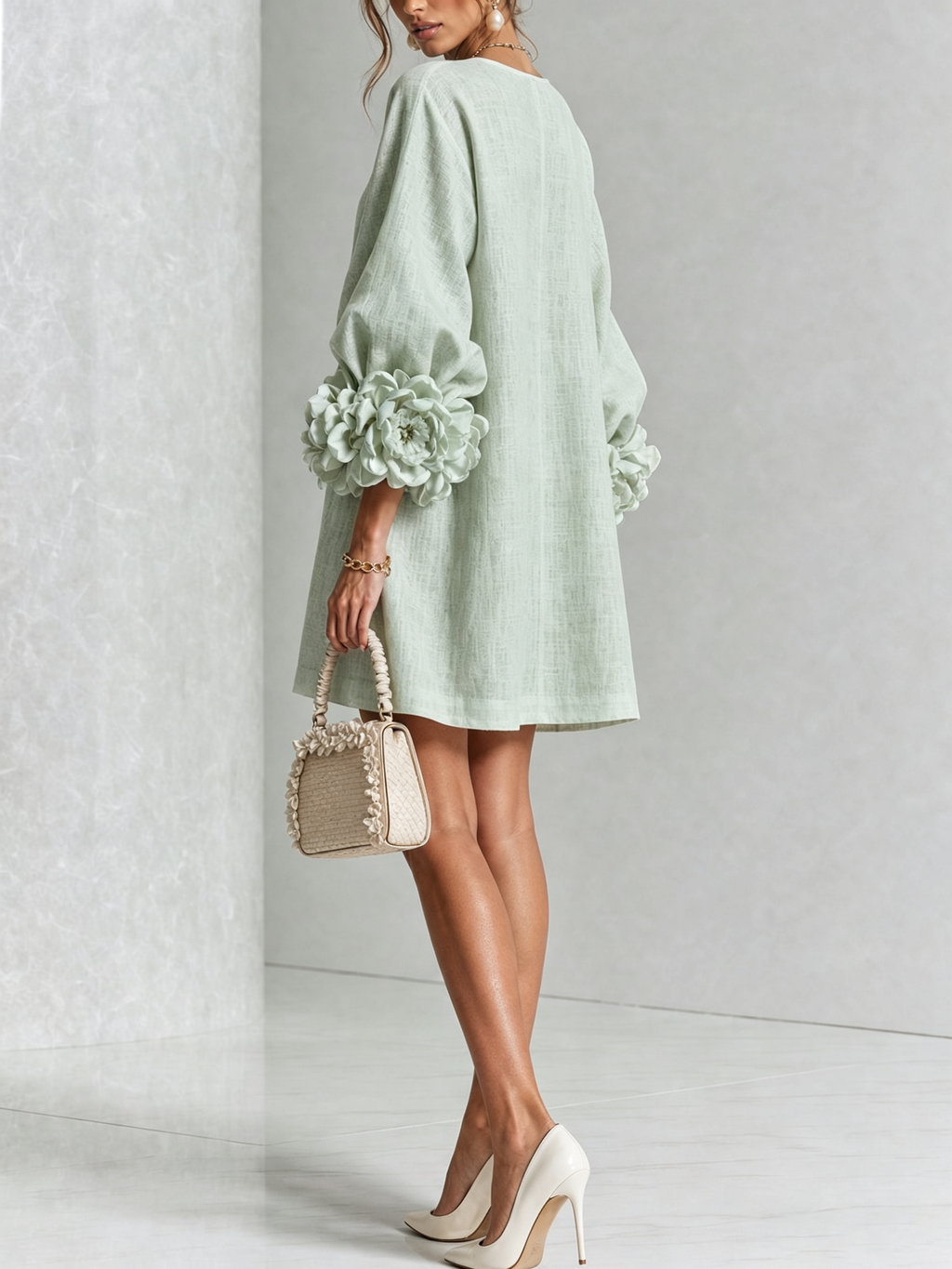 Sage Mist Floral Button-down Mini Dress With Striking Floral Cuffs