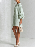 Sage Mist Floral Button-down Mini Dress With Striking Floral Cuffs
