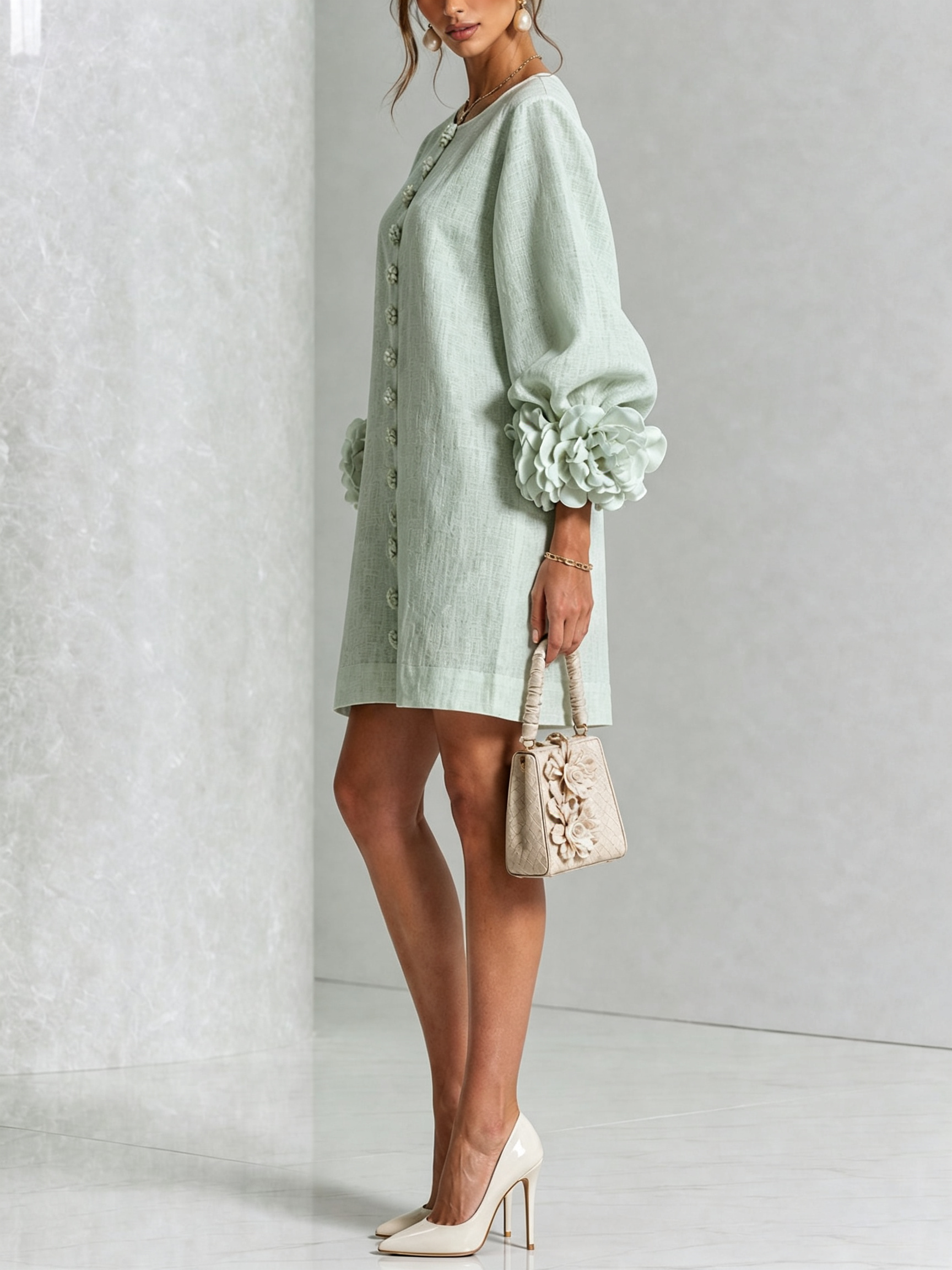 Sage Mist Floral Button-down Mini Dress With Striking Floral Cuffs