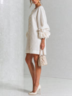 White Floral Button-down Mini Dress With Striking Floral Cuffs