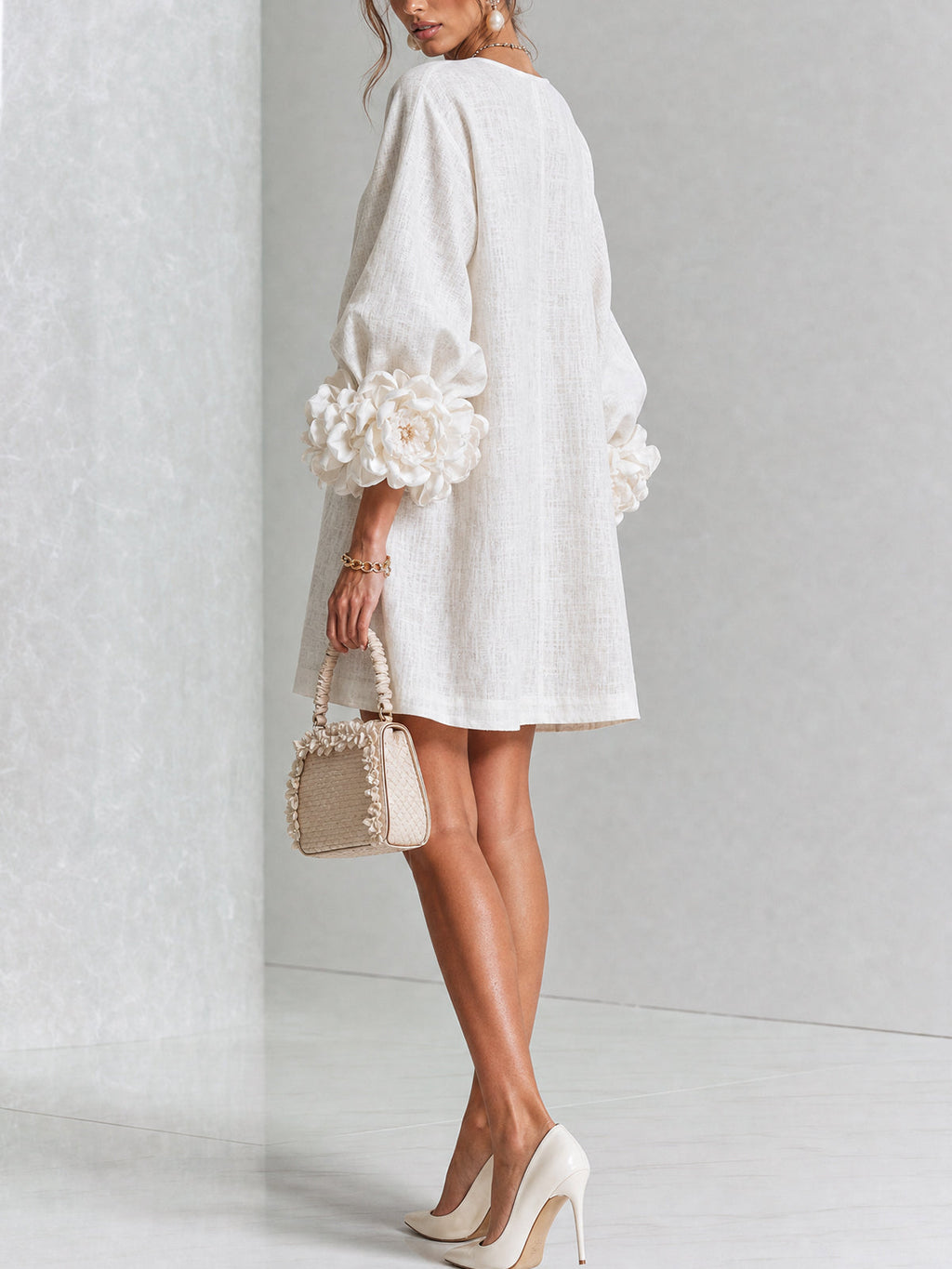 White Floral Button-down Mini Dress With Striking Floral Cuffs