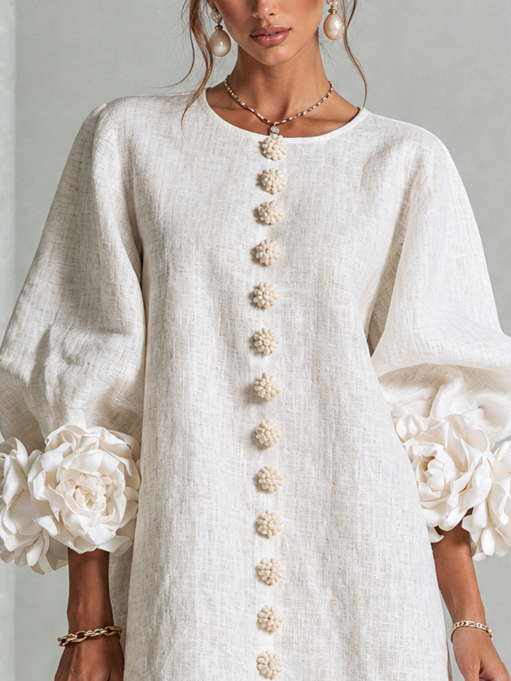 White Floral Button-down Mini Dress With Striking Floral Cuffs
