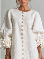 White Floral Button-down Mini Dress With Striking Floral Cuffs