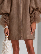 Brown Zip-Front Balloon Sleeve Mini Dress With Pleated Ruffle Cuffs