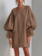Brown Zip-Front Balloon Sleeve Mini Dress With Pleated Ruffle Cuffs