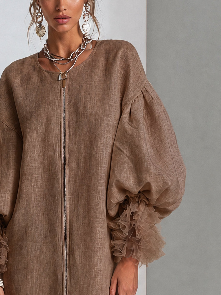 Brown Zip-Front Balloon Sleeve Mini Dress With Pleated Ruffle Cuffs