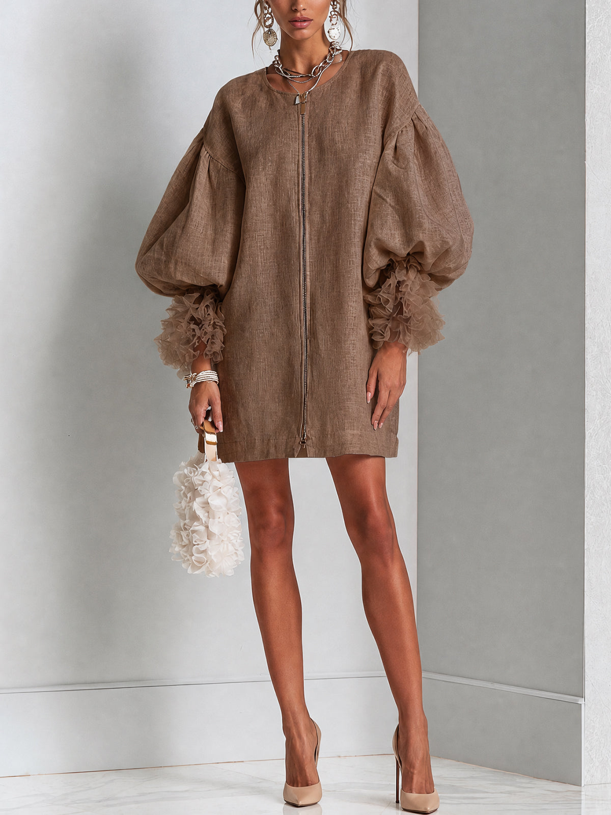 Brown Zip-Front Balloon Sleeve Mini Dress With Pleated Ruffle Cuffs