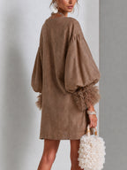 Brown Zip-Front Balloon Sleeve Mini Dress With Pleated Ruffle Cuffs