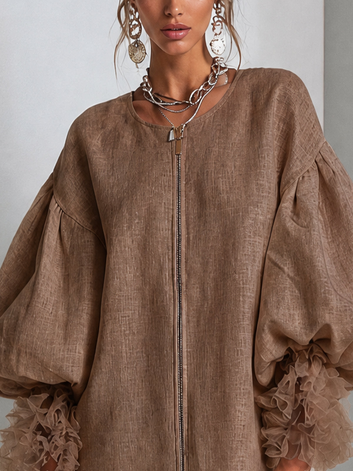 Brown Zip-Front Balloon Sleeve Mini Dress With Pleated Ruffle Cuffs