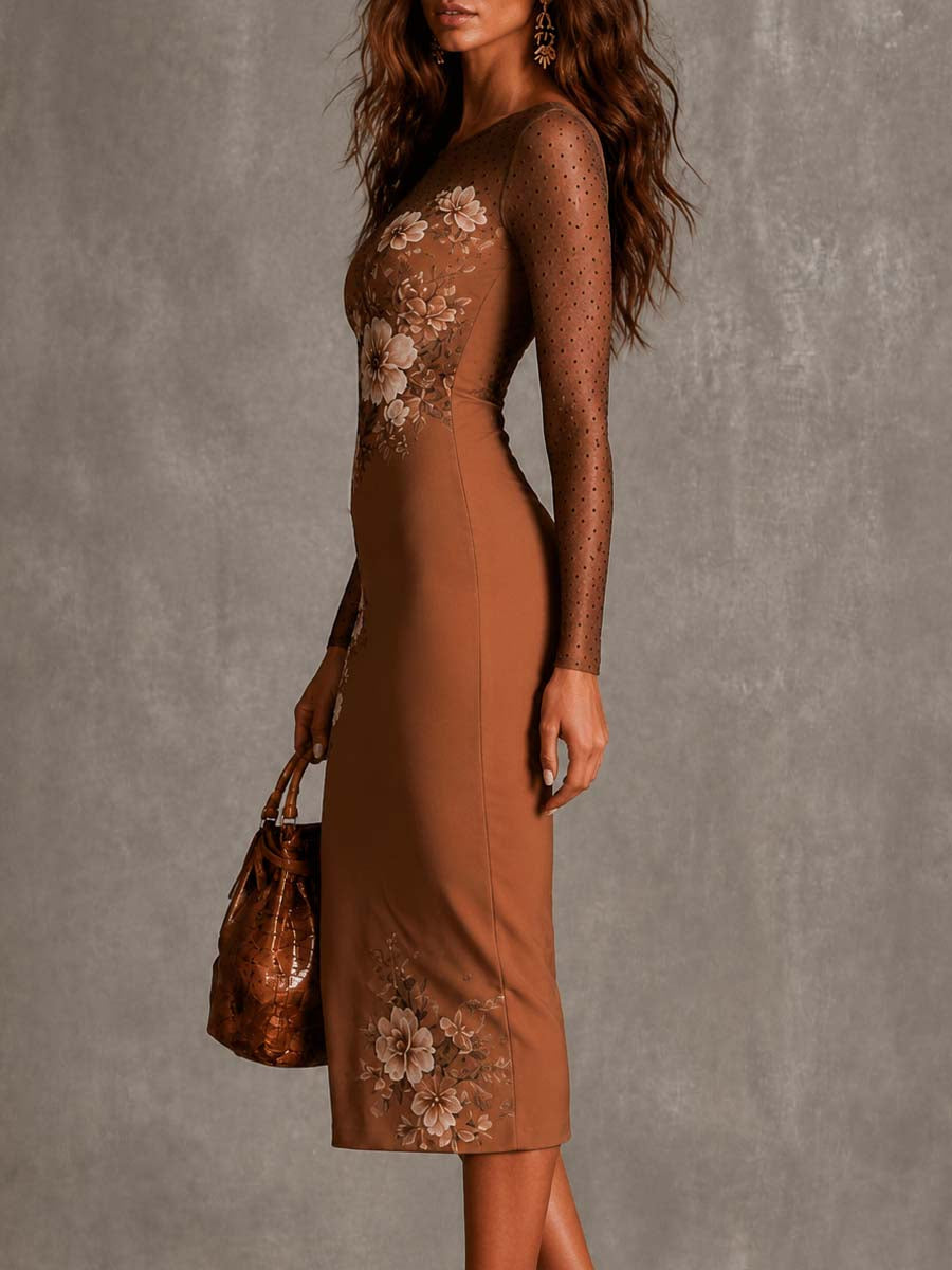 Brown Sheer Slim-Fit Midi Pencil Dress With Floral and Polka-Dot Print