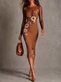 Brown Sheer Slim-Fit Midi Pencil Dress With Floral and Polka-Dot Print