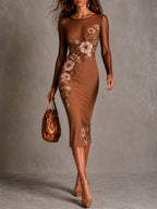 Brown Sheer Slim-Fit Midi Pencil Dress With Floral and Polka-Dot Print
