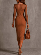 Brown Sheer Slim-Fit Midi Pencil Dress With Floral and Polka-Dot Print