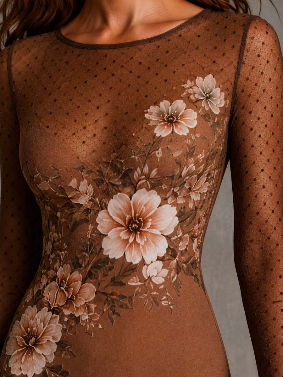 Brown Sheer Slim-Fit Midi Pencil Dress With Floral and Polka-Dot Print