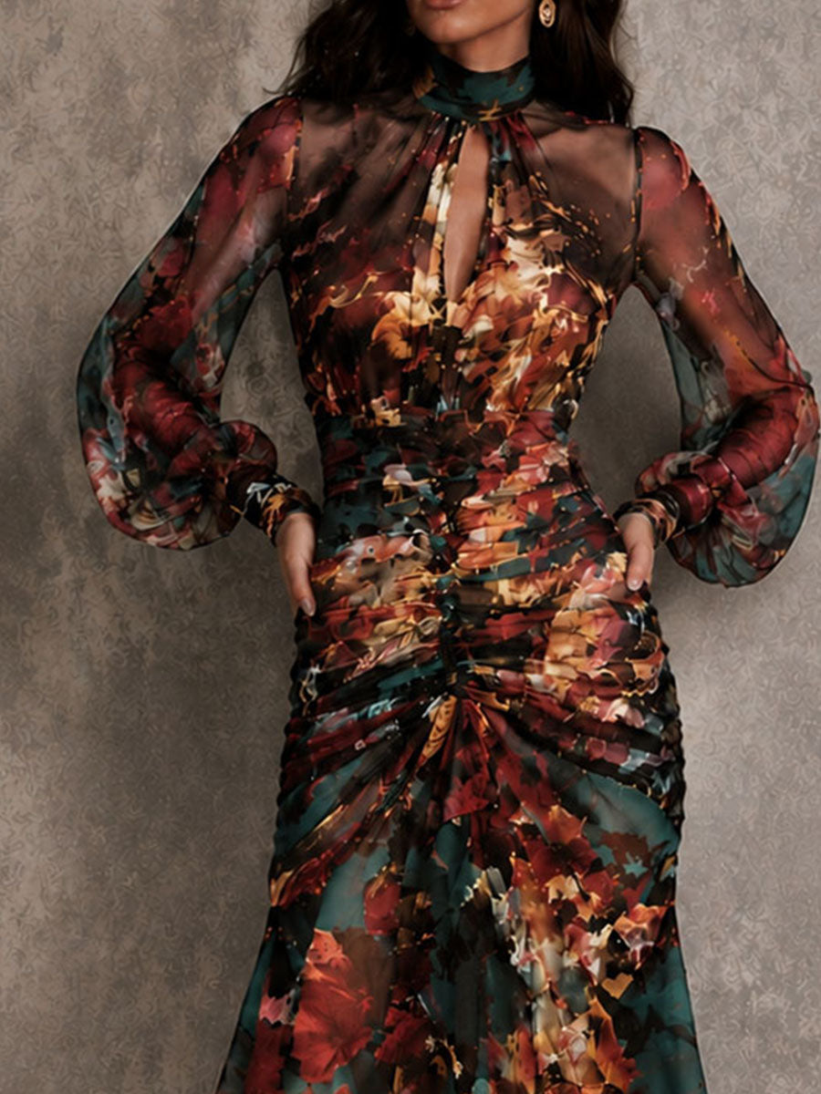 Multicolored Oil Painting Floral Chiffon Keyhole Collar Pleated Irregular Maxi Dress